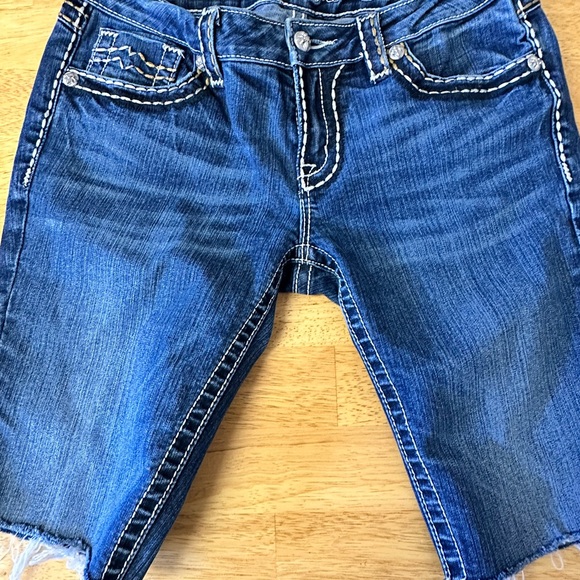 Miss Me Blue Jean Cutoff Shorts with White Stitching - Picture 2 of 3
